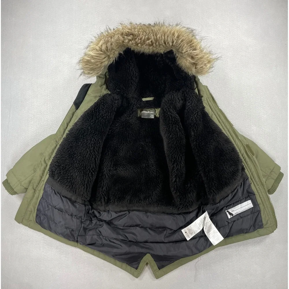 Eddie Bauer Down Parka Boys Faux Fur Hood Olive Green Size 2T With Gloves